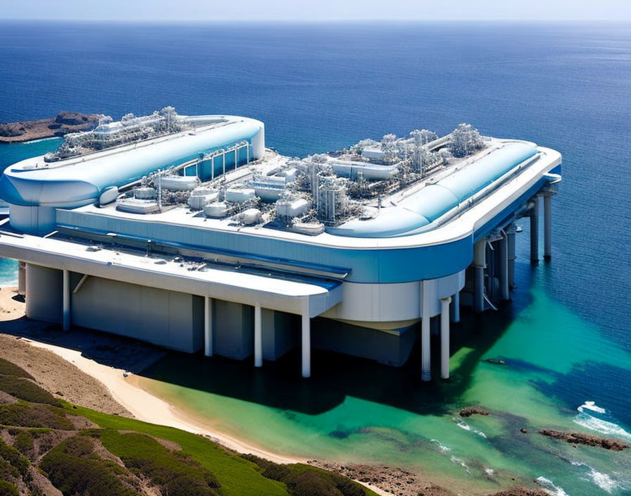 Modern industrial facility with blue and white structures on the coast