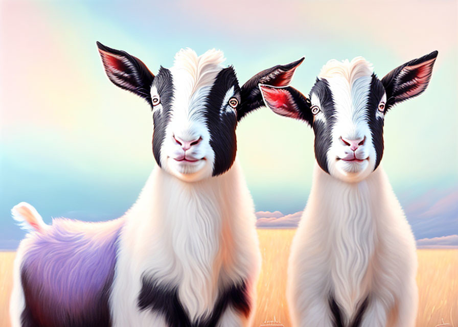 Two goats with black and white fur on pastel sky and grass background