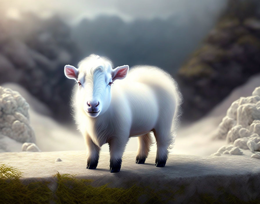 White Goat Standing on Rocky Ledge with Dreamlike Mountains