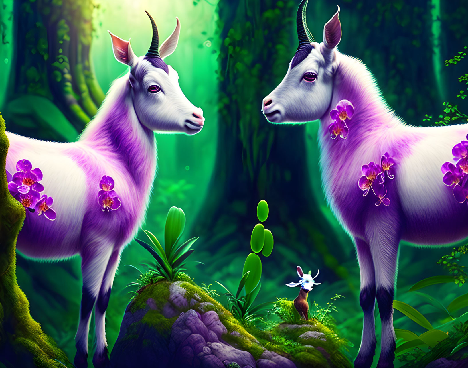 Mystical purple goats with orchid flowers in enchanted forest glade