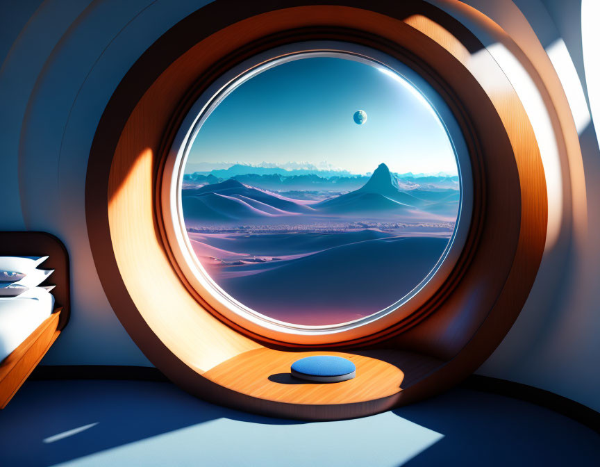 Futuristic bedroom with large round window overlooking desert landscape