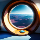 Futuristic bedroom with large round window overlooking desert landscape