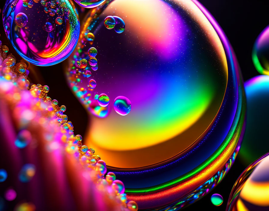 Colorful neon bubbles in various sizes on dark background