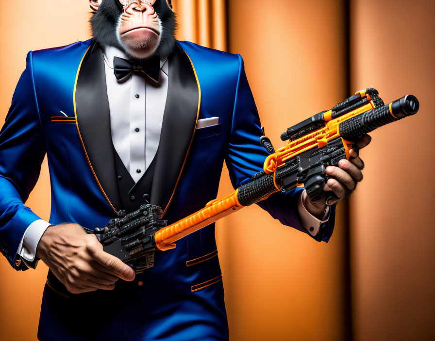 Person in Blue Suit with Monkey Head Mask Holding Toy Gun on Orange Backdrop