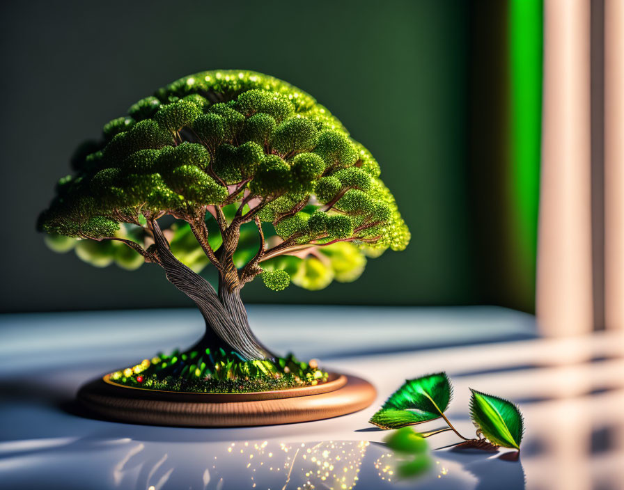 Vivid green miniature tree sculpture with fallen leaves and sunlight