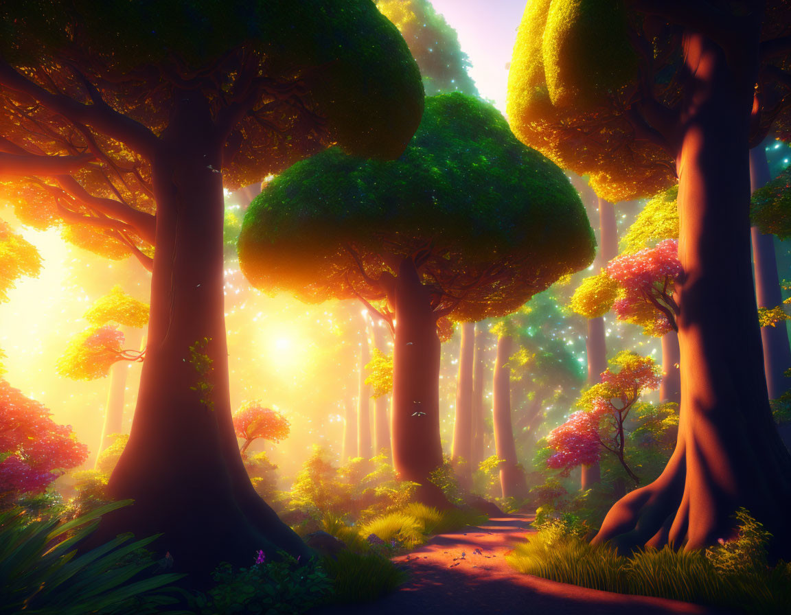 Sunlit mystical forest with towering trees and dense foliage