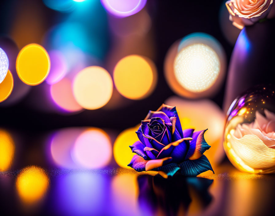 Blue rose on reflective surface with colorful bokeh lights in dreamy setting