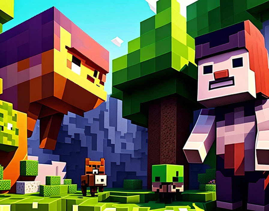 Vibrant Minecraft-style pixelated illustration with characters and animals.