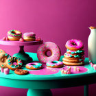 Assorted colorful donuts and pastries on pink and teal table with vase, pink background