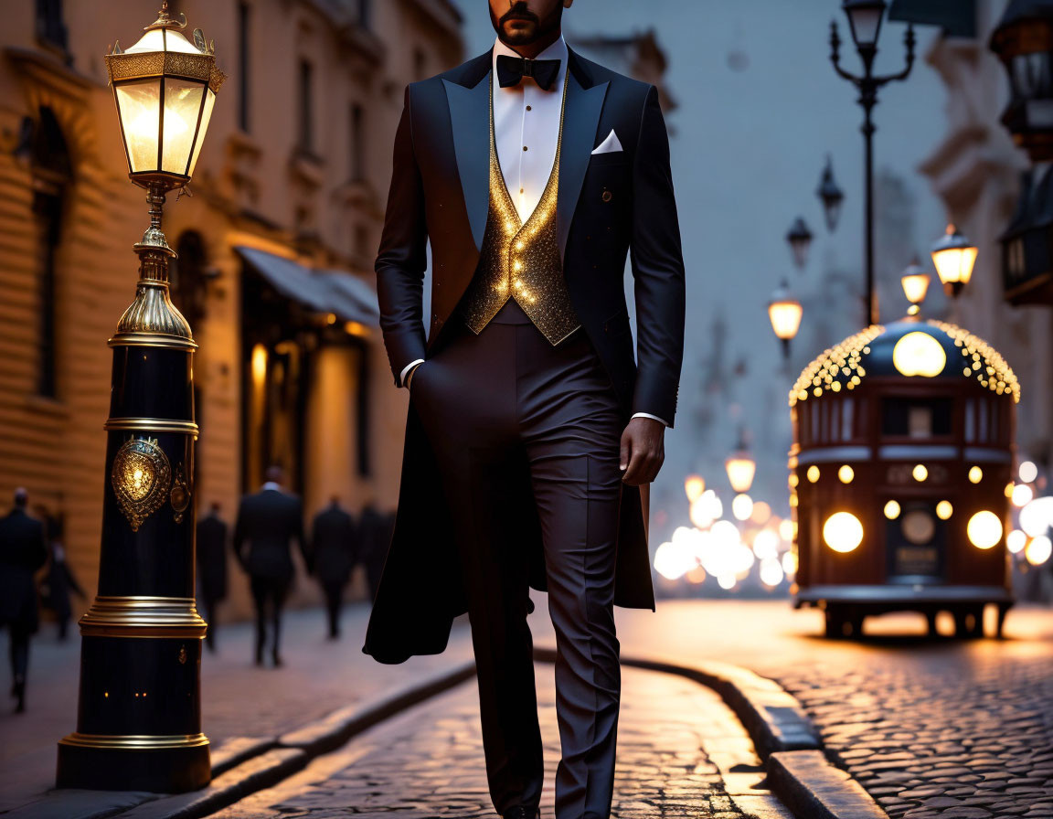 Stylish man in tuxedo on cobblestone street with vintage tram