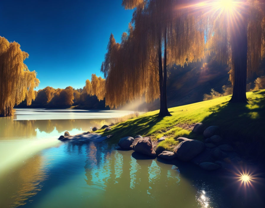 Tranquil lake with willow trees and sunlight reflections