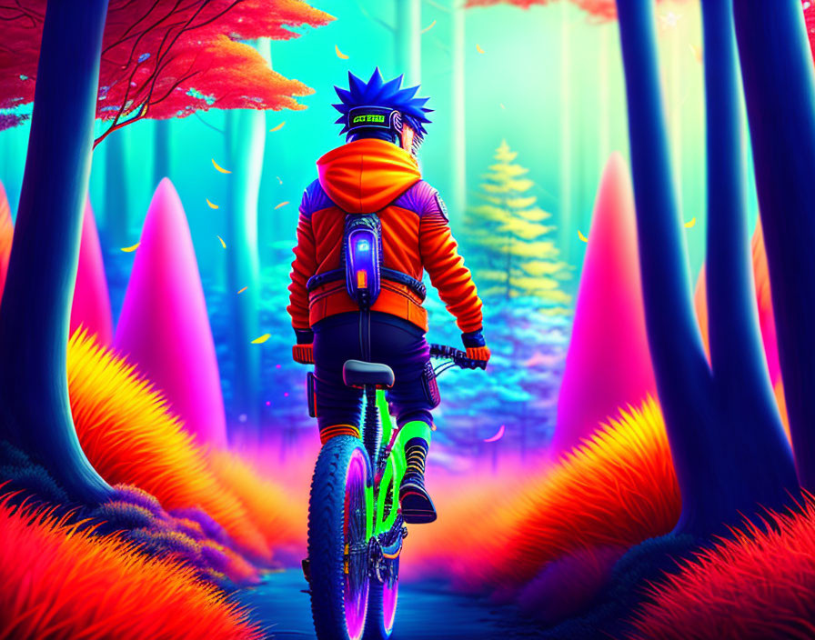 Colorful Forest Bike Ride in Neon Pink, Orange, and Blue Hues