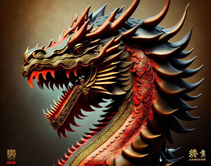 Detailed Illustration of Red and Black Dragon with Fierce Eyes on Brown Background