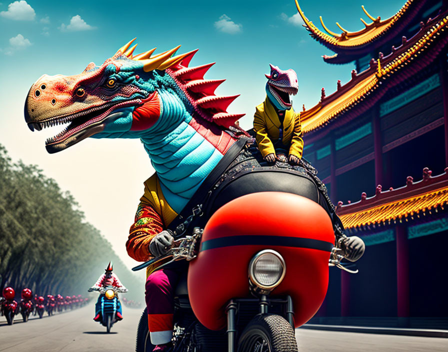 Vibrant humanoid dinosaurs on motorcycles in Asian setting