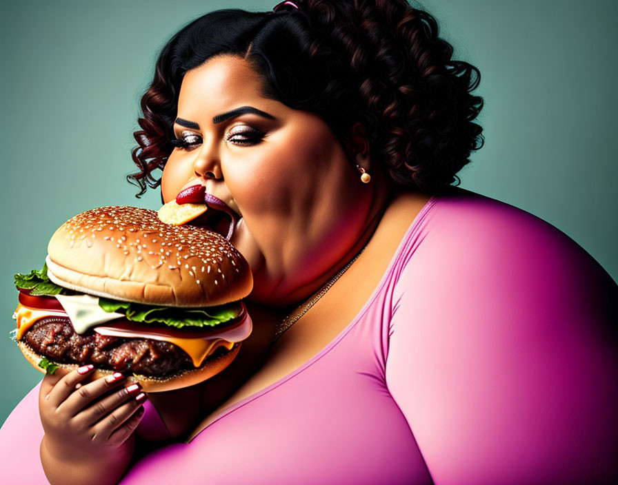 Stylized image of woman in pink outfit with burger on green backdrop