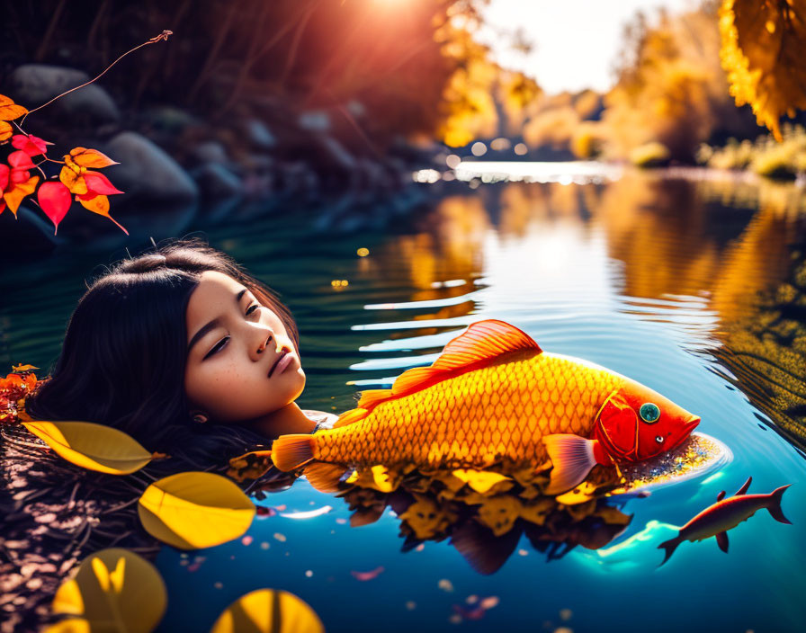 Woman floating on water with goldfish and autumn leaves under golden sunlight