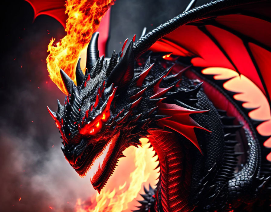 Black and Red Dragon Breathing Fire with Glowing Eyes and Extended Wings