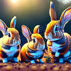 Three cute rabbits with expressive eyes in forest setting.