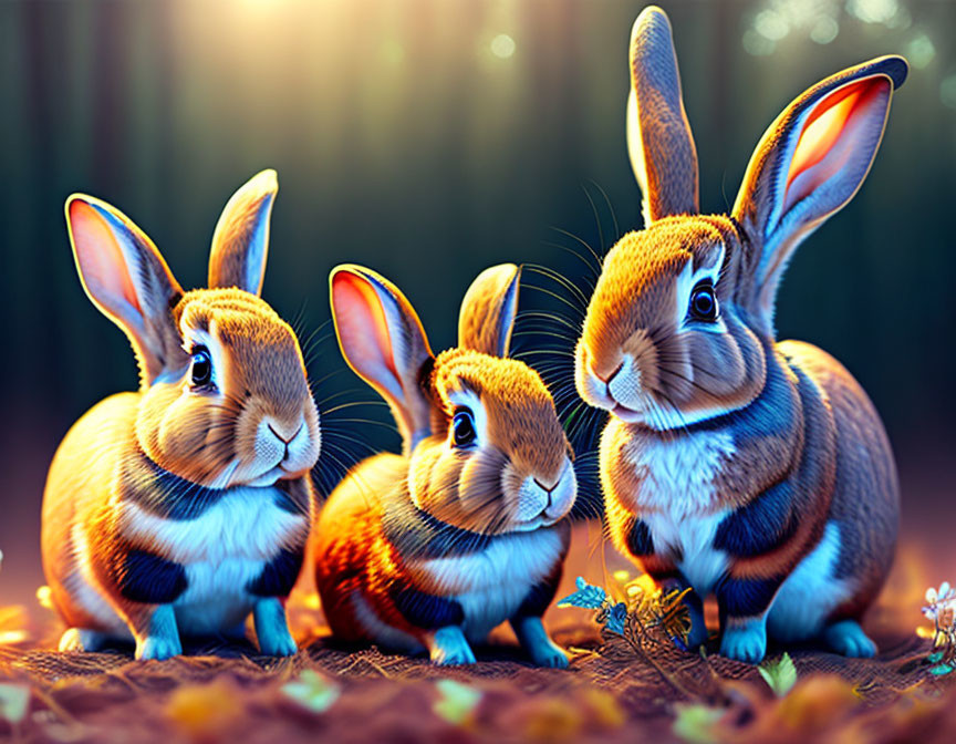 Three cute rabbits with expressive eyes in forest setting.