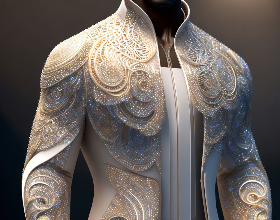 Luxurious White Jacket with Gold Embroidery and Beadwork Displayed on Mannequin