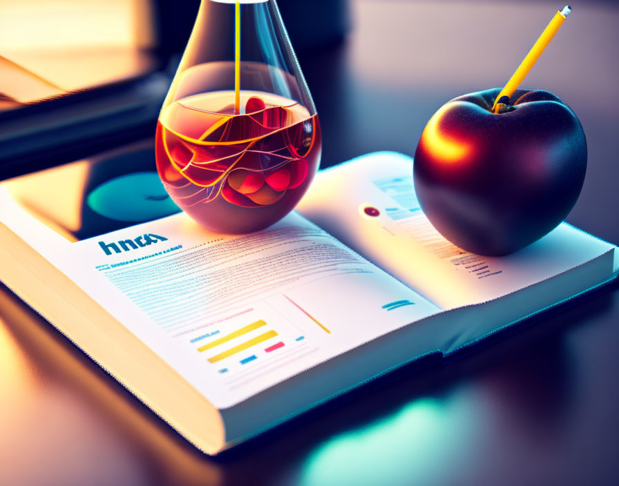 Educational textbook featuring charts with glass flask, red apple, and pencil on desk