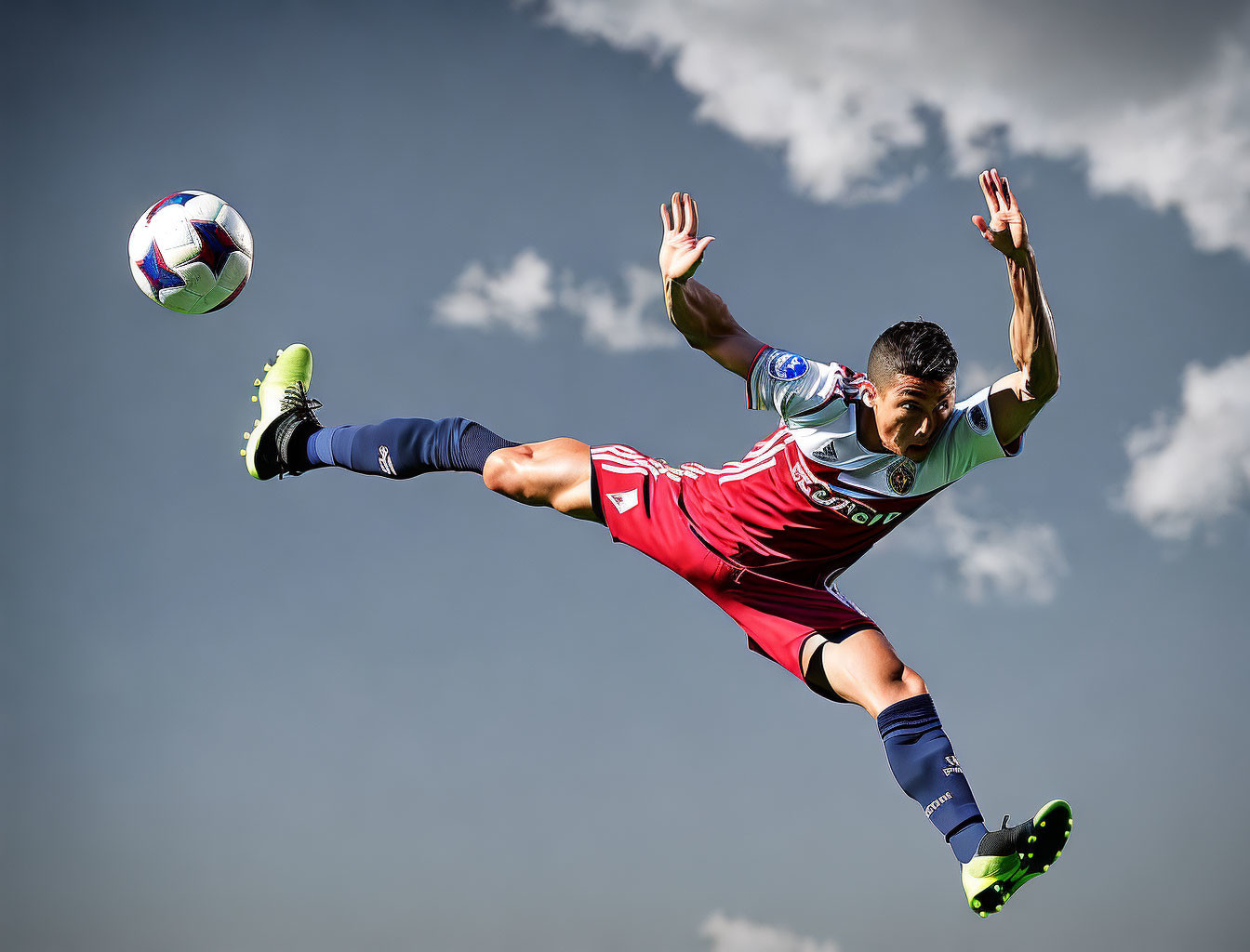 Soccer player in maroon and blue kit controls ball against clear blue sky