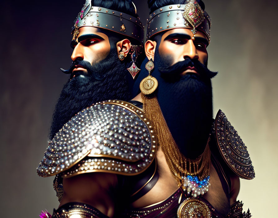 Stylized bearded warriors in adorned armor and helmets.