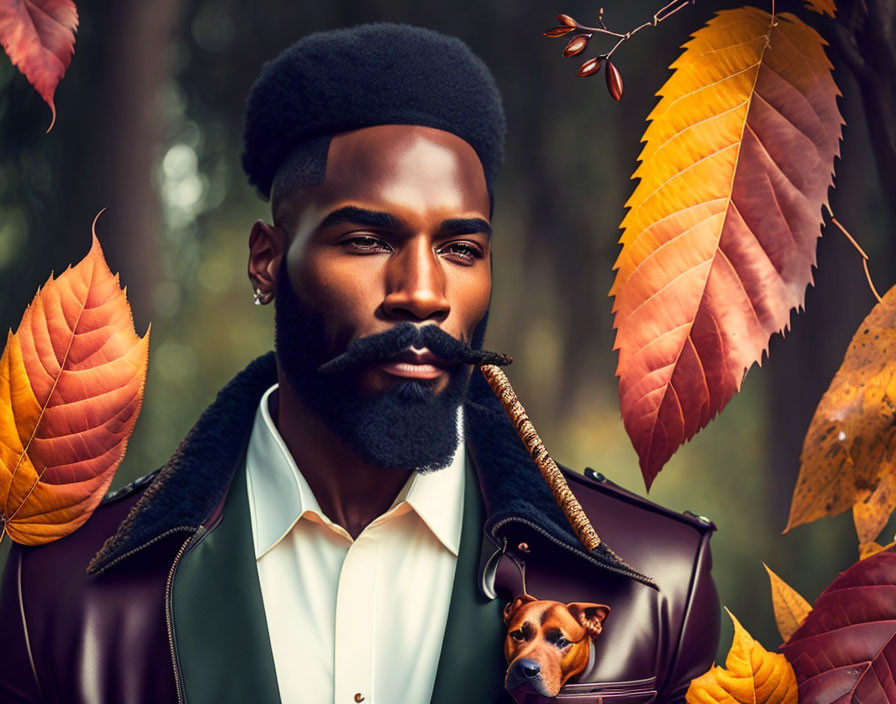 Stylish man with beard and dog in autumnal setting