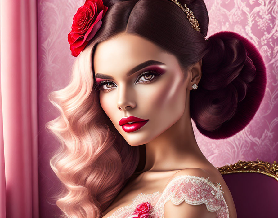 Digital illustration: Woman with glamorous makeup, wavy hair, red rose, elegant attire on pink floral