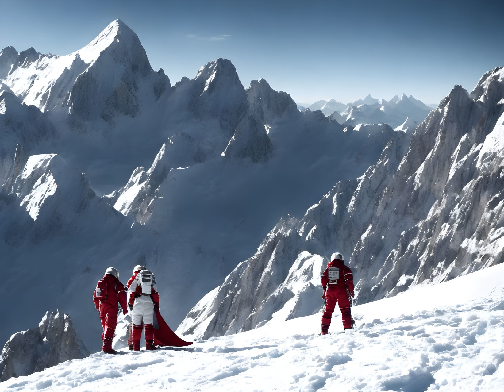 Three astronauts in red space suits on snowy mountain range under clear blue sky