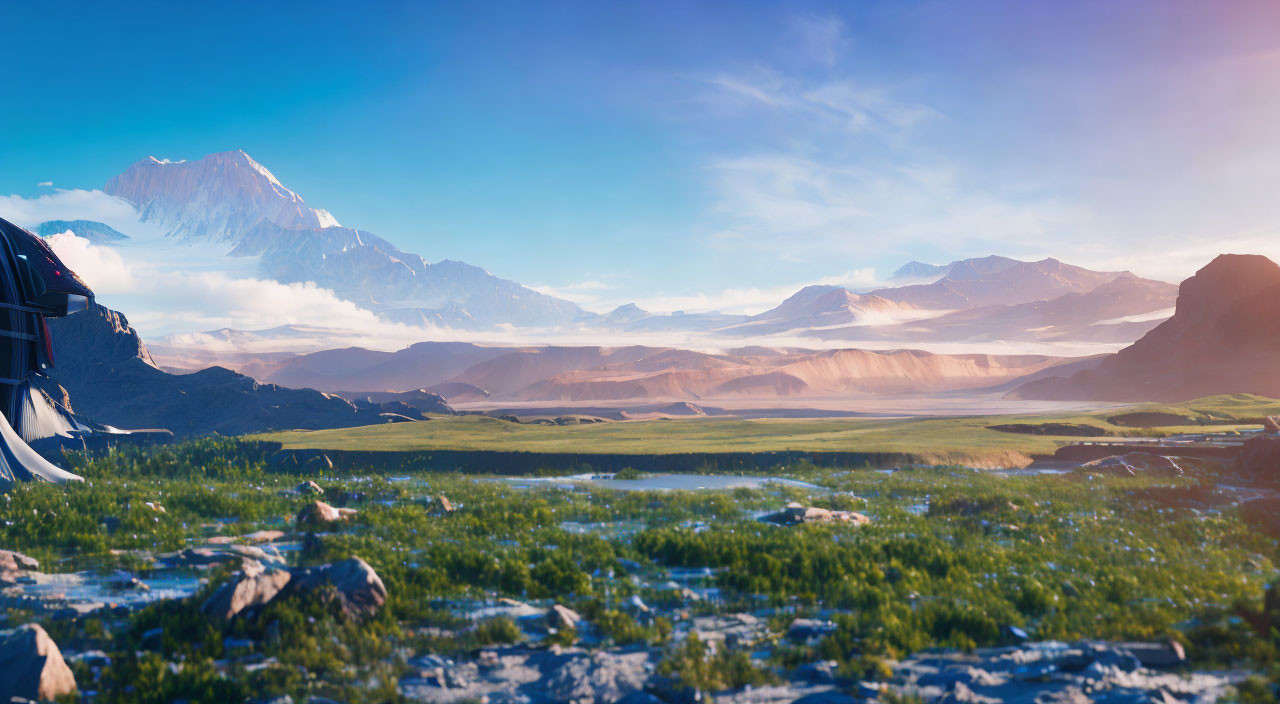 Grassy foreground, arid plains, snow-capped mountains under cloudy sky