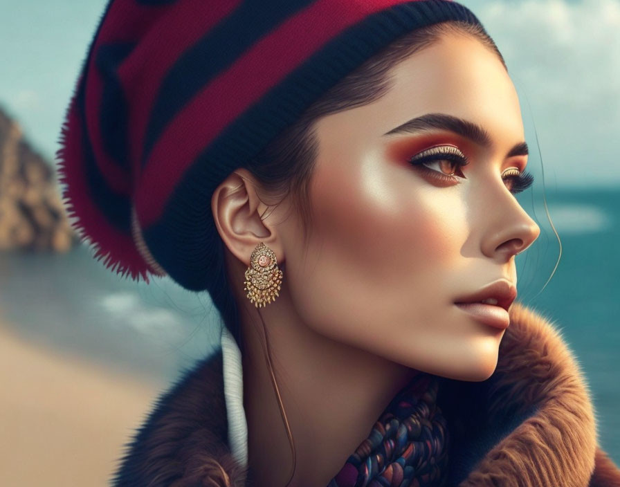 Person with unique makeup and striped beanie against ocean backdrop