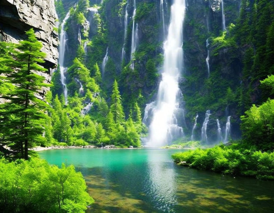 Majestic waterfall in serene landscape with emerald lake