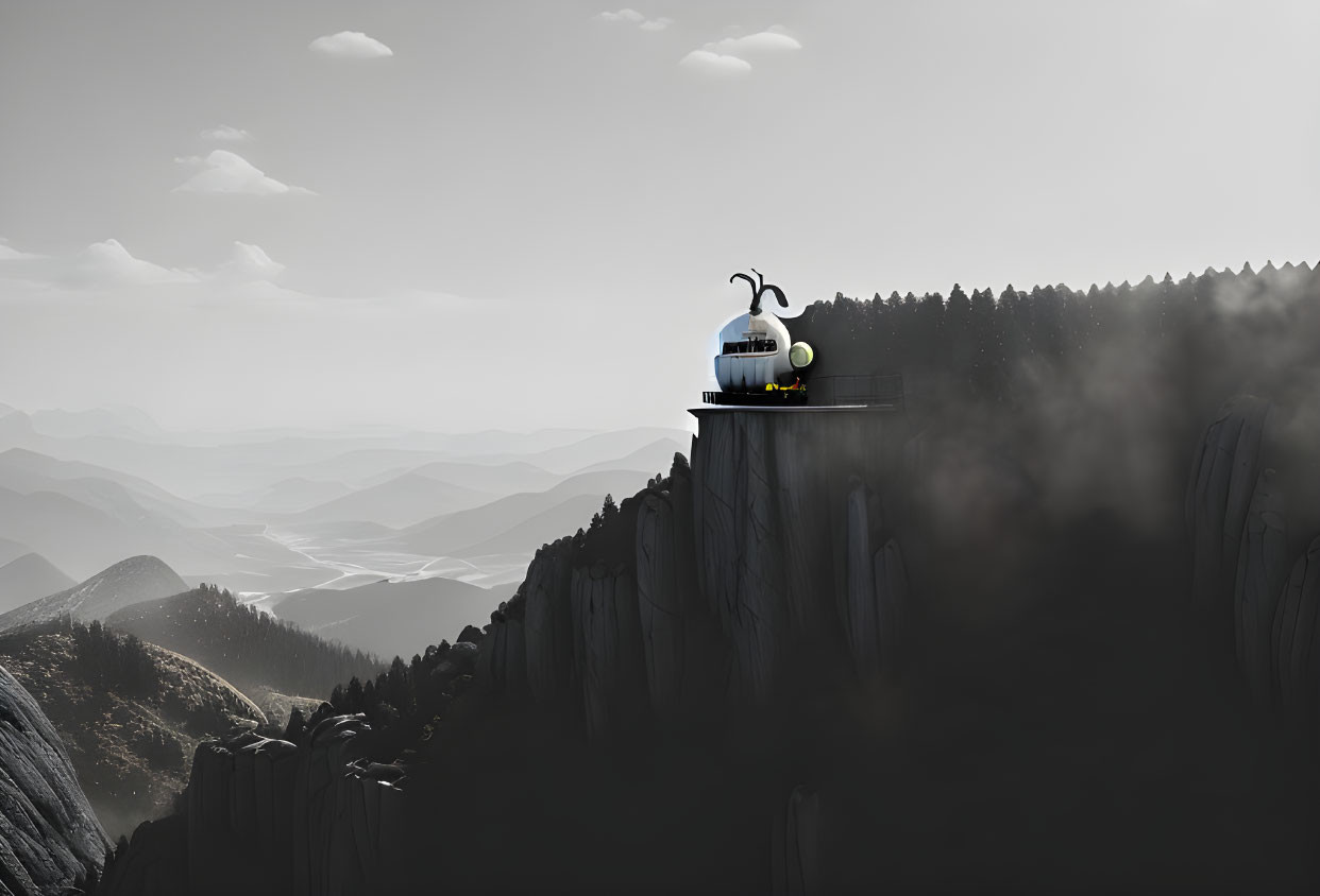 Teapot-shaped building with cup roof on cliff overlooking misty mountains