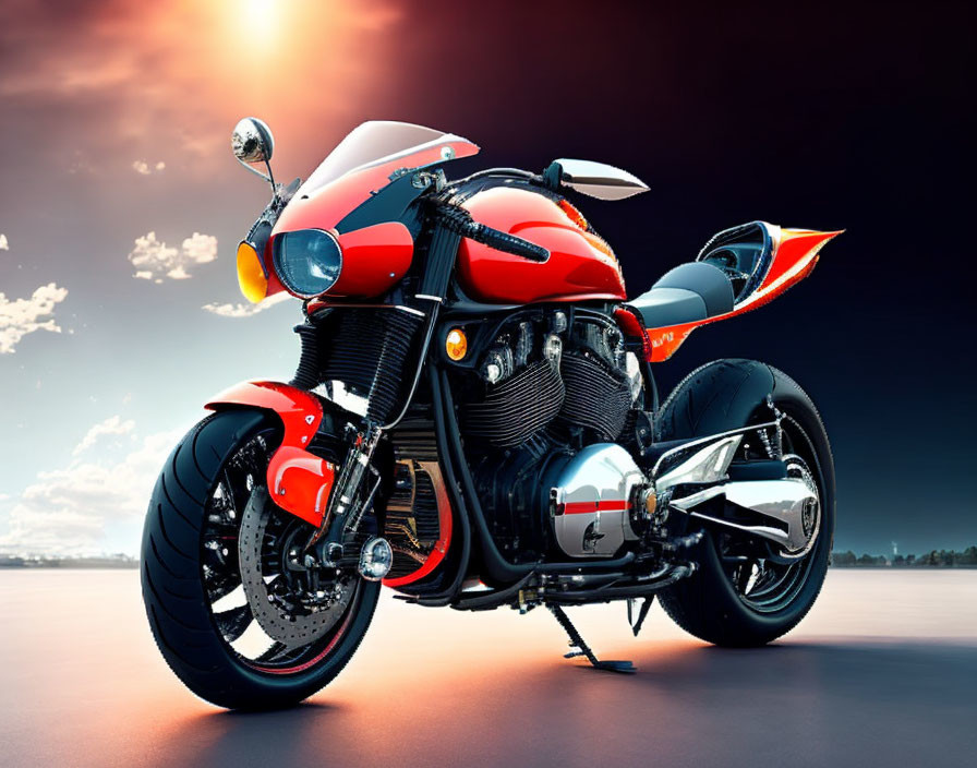 Red and Black Retro-Style Motorcycle at Sunset