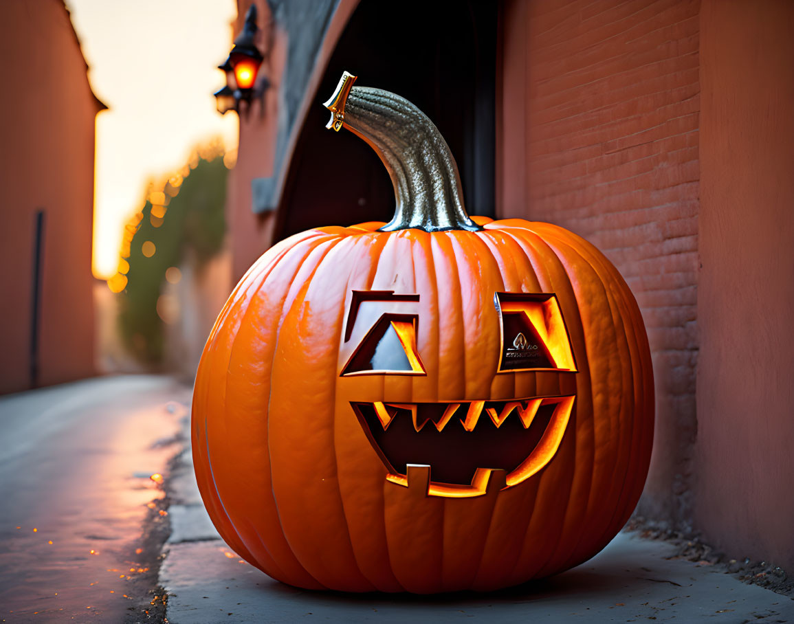 Carved Pumpkin with Glowing Face on Path at Dusk