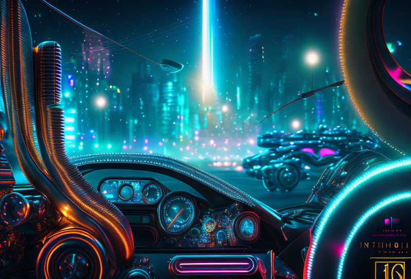 Futuristic car interior with glowing dashboard and neon cityscape