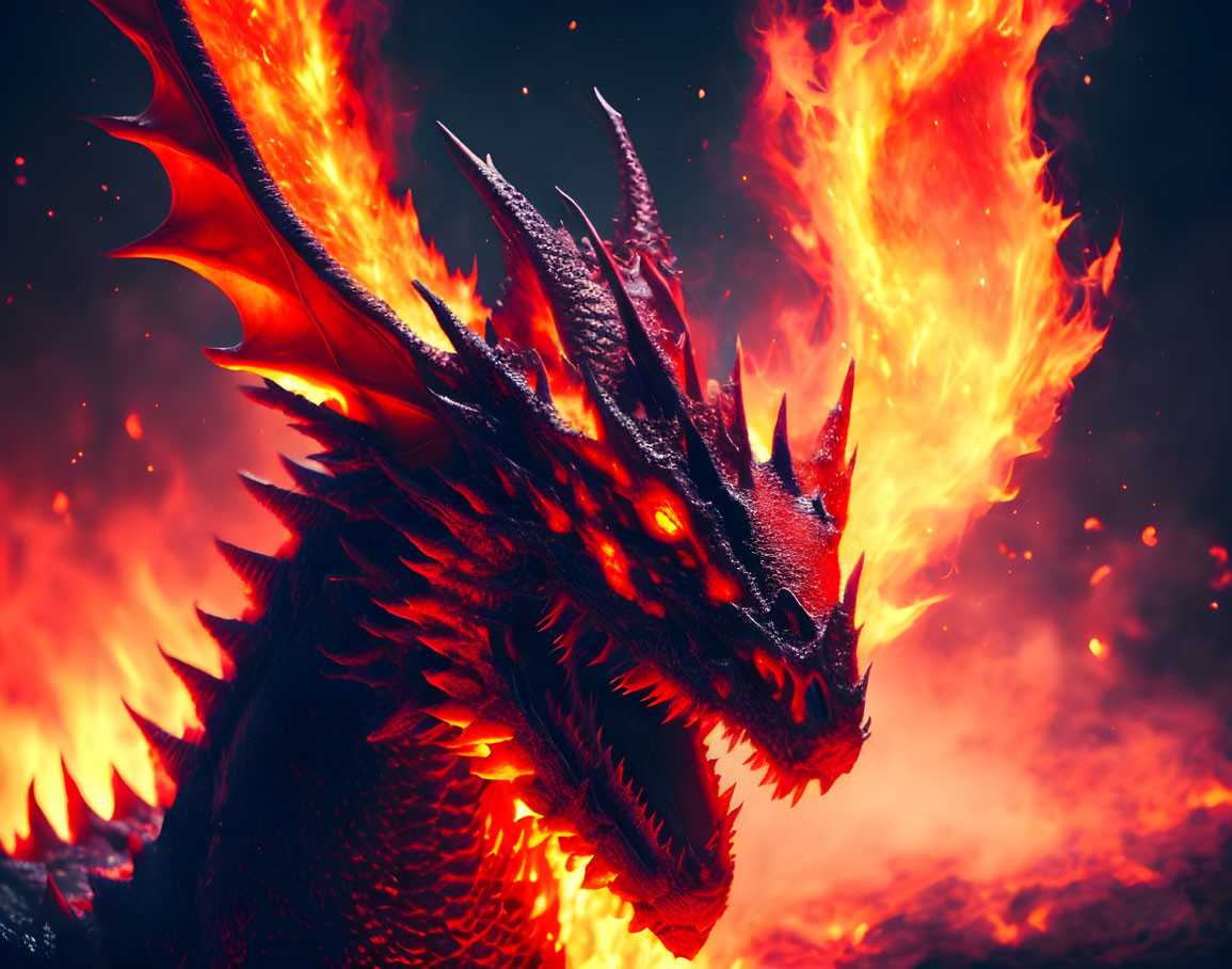 Red Dragon Breathing Flames Against Fiery Background