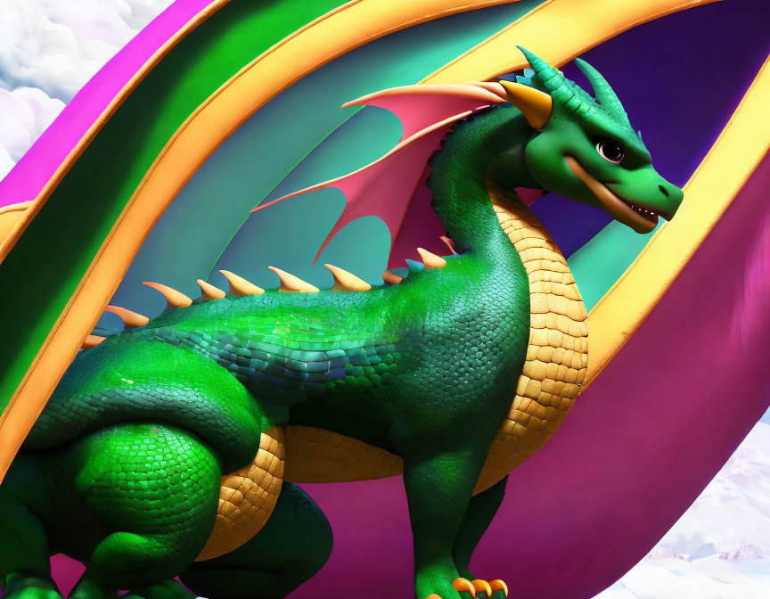 Colorful 3D illustration of a friendly green dragon with multicolored wings