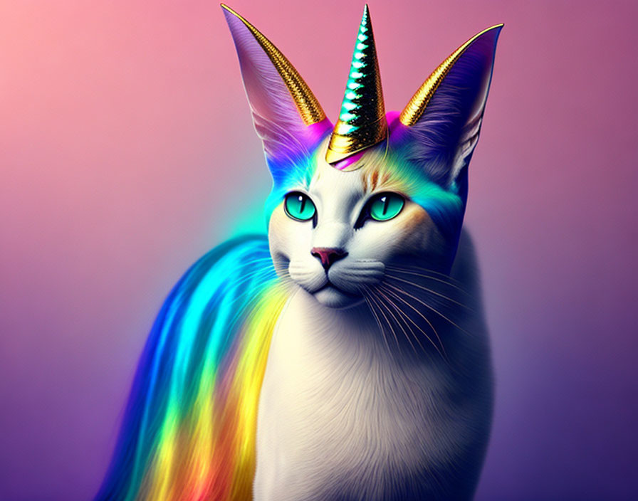 Colorful digital artwork: Cat with unicorn horns and iridescent mane on purple backdrop