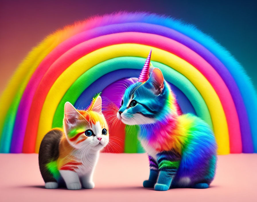 Colorful Kittens with Unicorn Horns on Rainbow Background