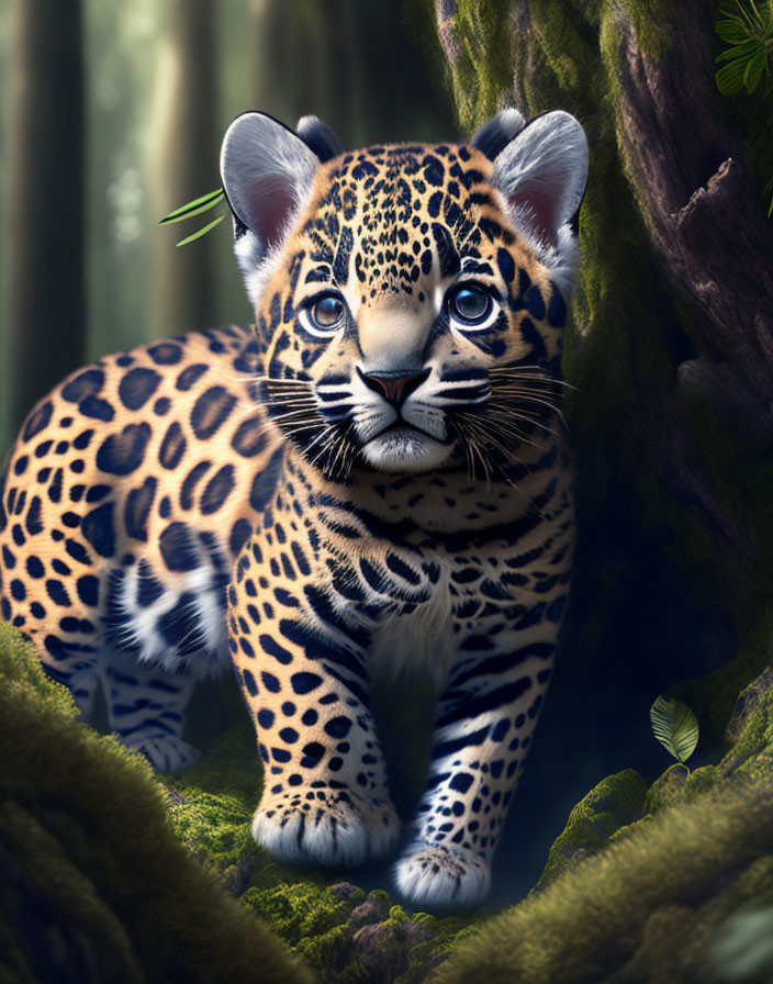 Young jaguar cub with vivid spots in lush forest with striking blue eyes.