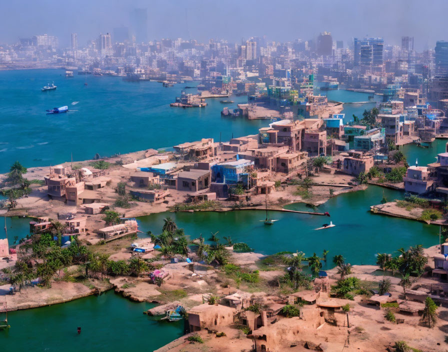 Coastal Cityscape with Dilapidated Buildings and Boats on Blue Waters