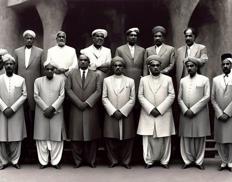 Men in Traditional South Asian Attire Posed for Black and White Photo