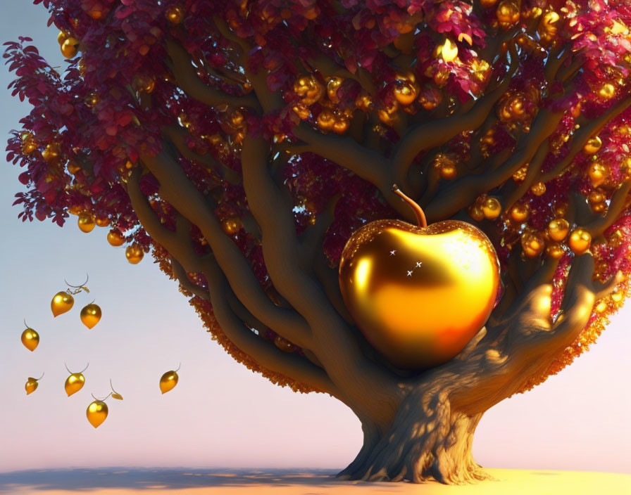 Whimsical tree with golden fruits and large shiny apple under soft purple sky