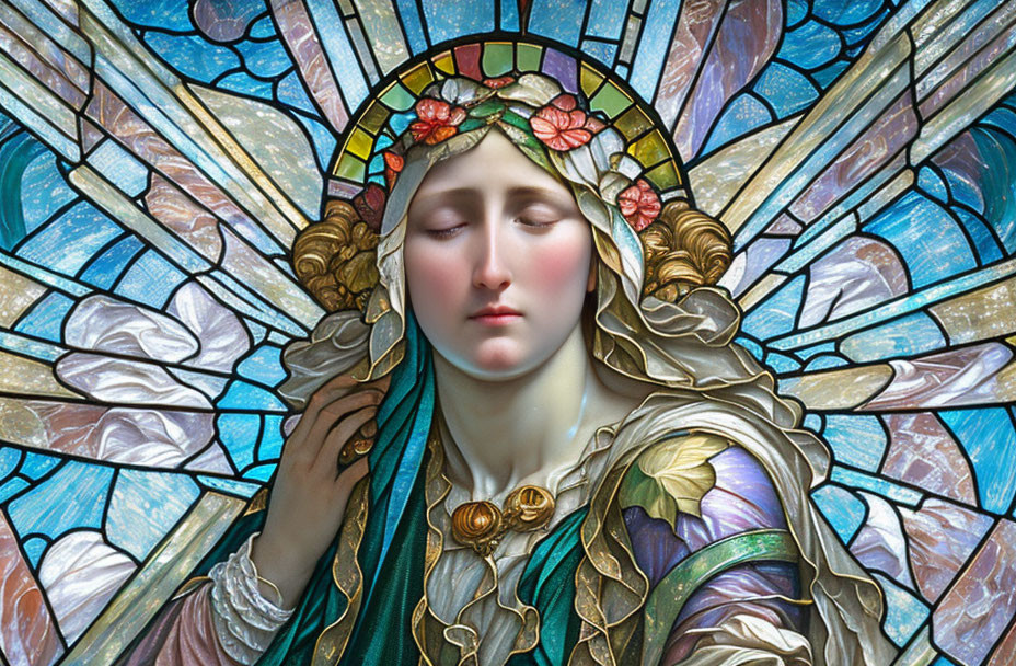 Stained glass art of woman with halo and floral headpiece in luminous blue.