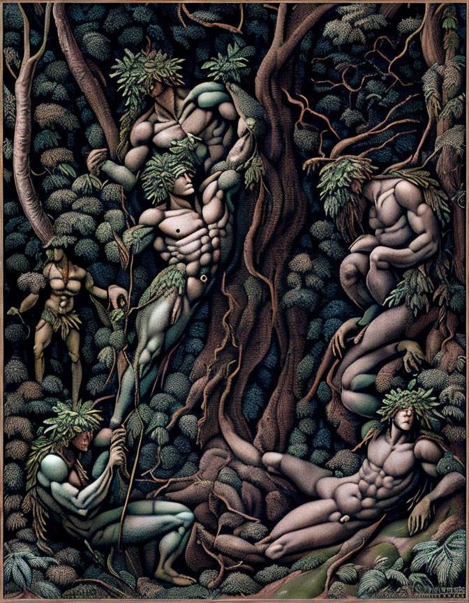 Human figures with leafy headpieces among tree branches in forest setting