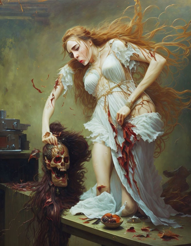 Surreal painting: Woman in white with flowing hair holding human skull among scattered fruits