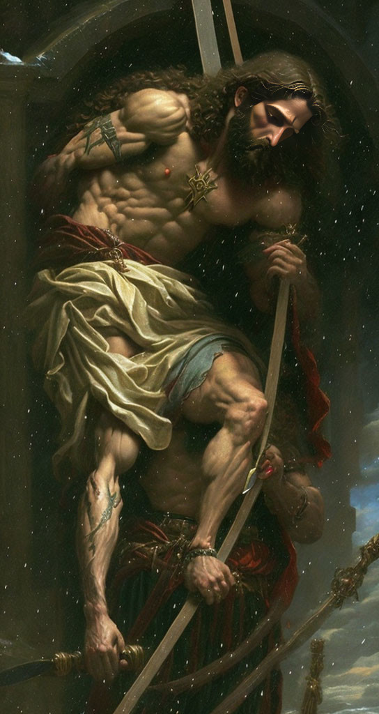 Muscular man with tattoos holding a spear in ornate frame