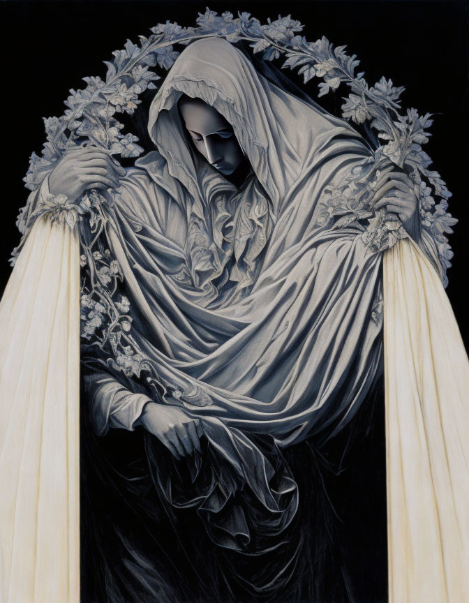 Draped hooded figure with serene expression among intricate floral frame